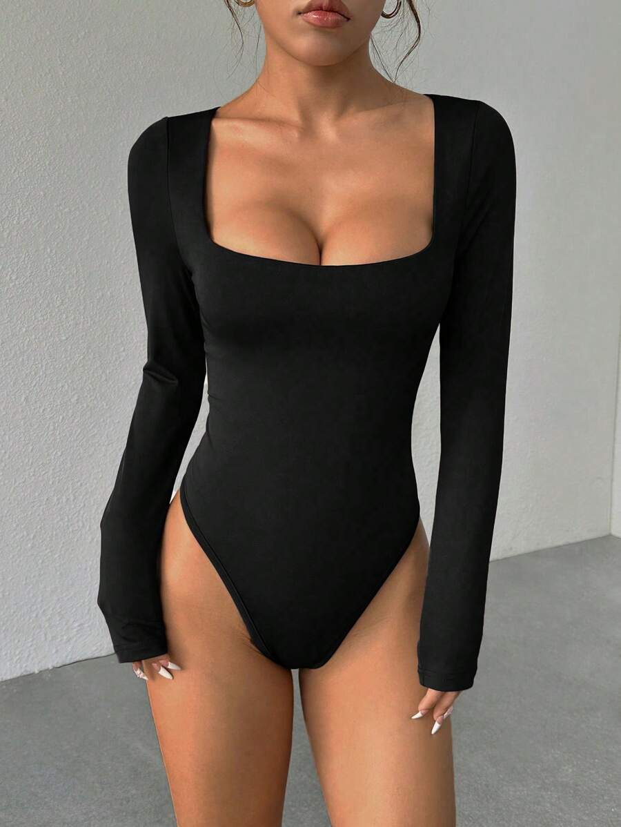 Women's Long Sleeve Bodysuit, Brown, Slim Fit, Minimalist Design, Versatile For Commuting