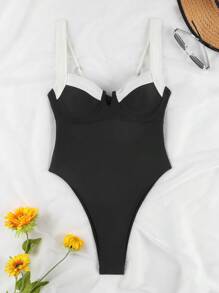 European & American Style Sexy V-Neck Black & White Patchwork Swimsuit Summer