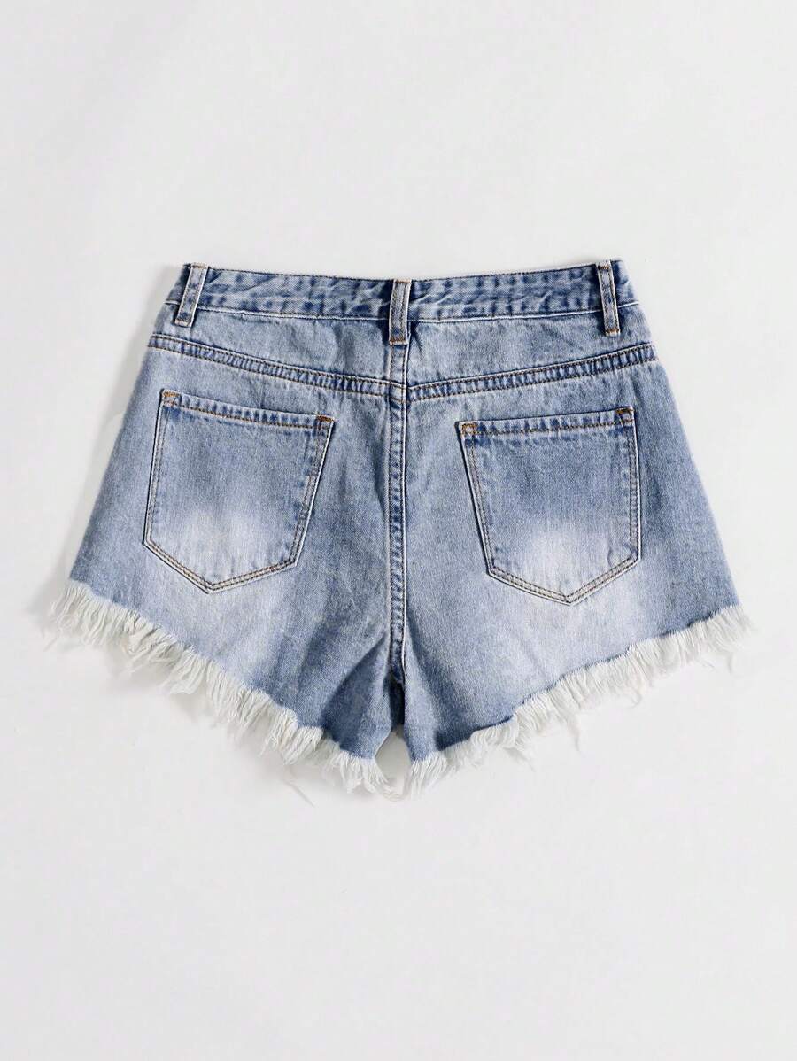 Ladies' Casual Denim Shorts With Distressed Pockets And Frayed Hem