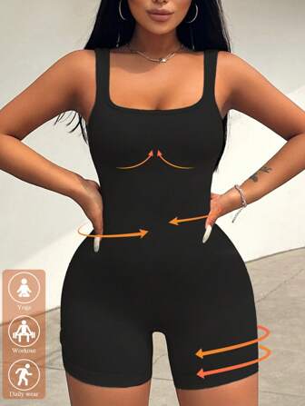Sirith Women Summer Fall Casual Seamless Knit Solid Color Sports Outdoor Tight Romper Unitard Jumpsuit