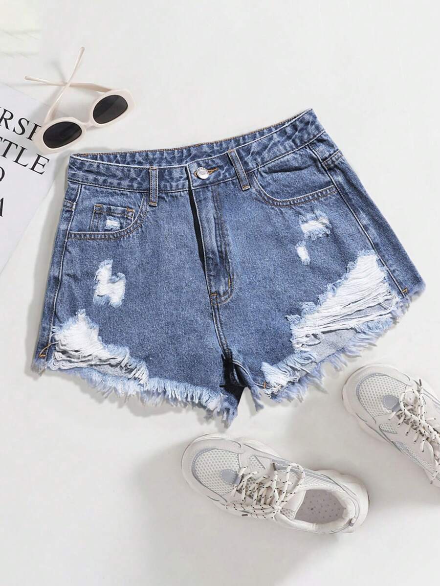 Ladies' Casual Denim Shorts With Distressed Pockets And Frayed Hem